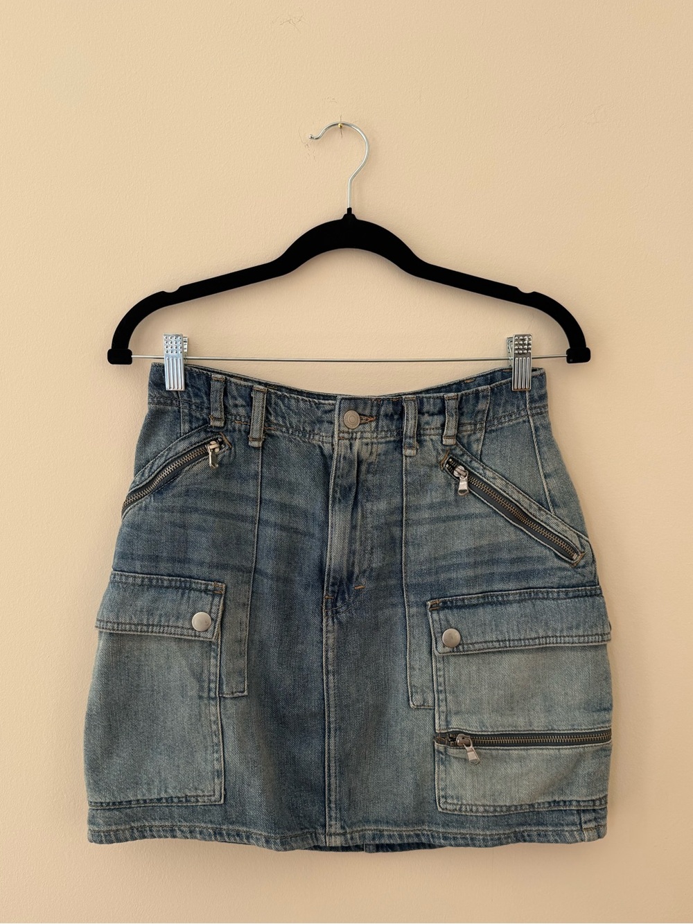 We The Free Faded Blue Denim Mini Skirt with Utility Pockets